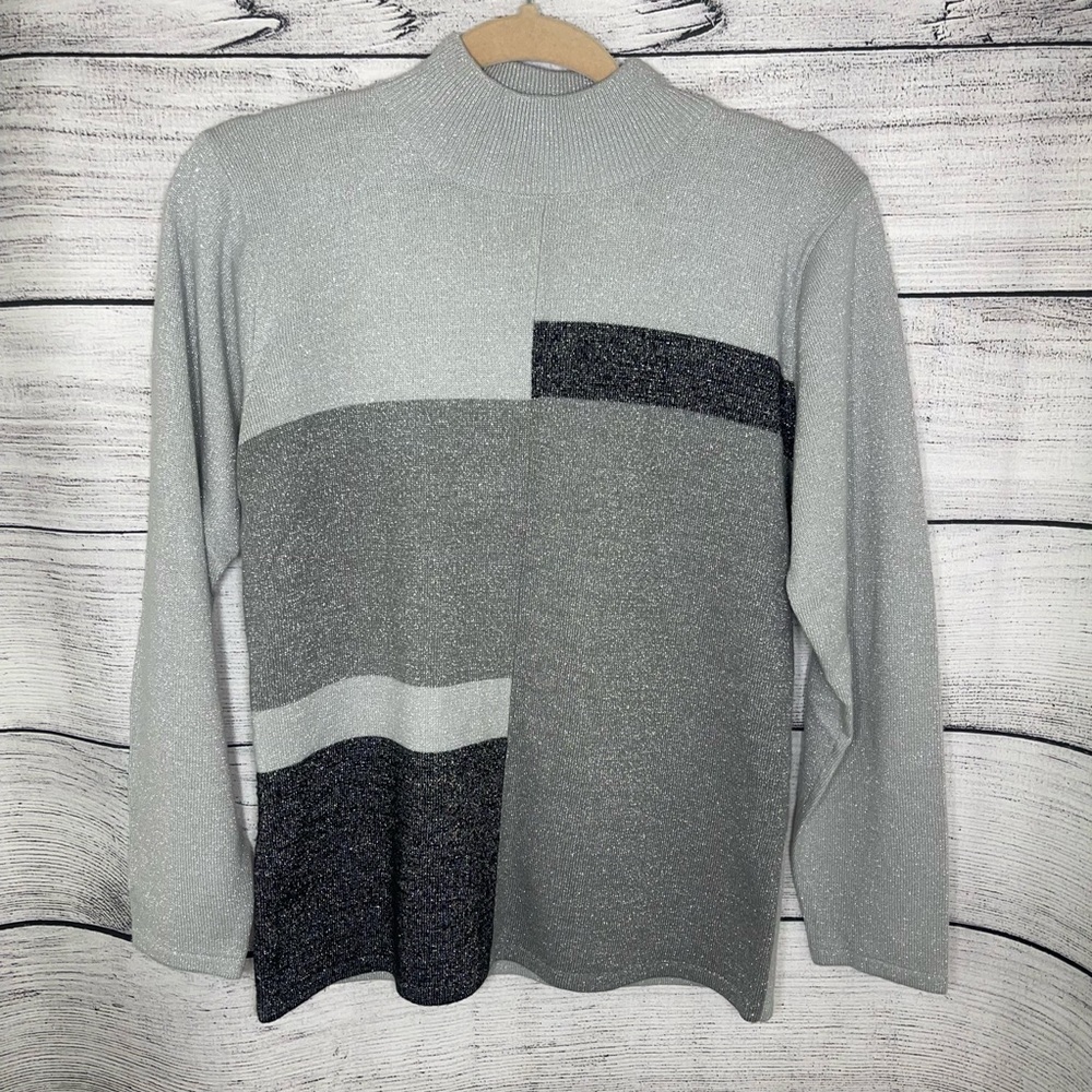 Jenny Mock Neck Gray Black Colorblock with Silver Threads Sweater Size S